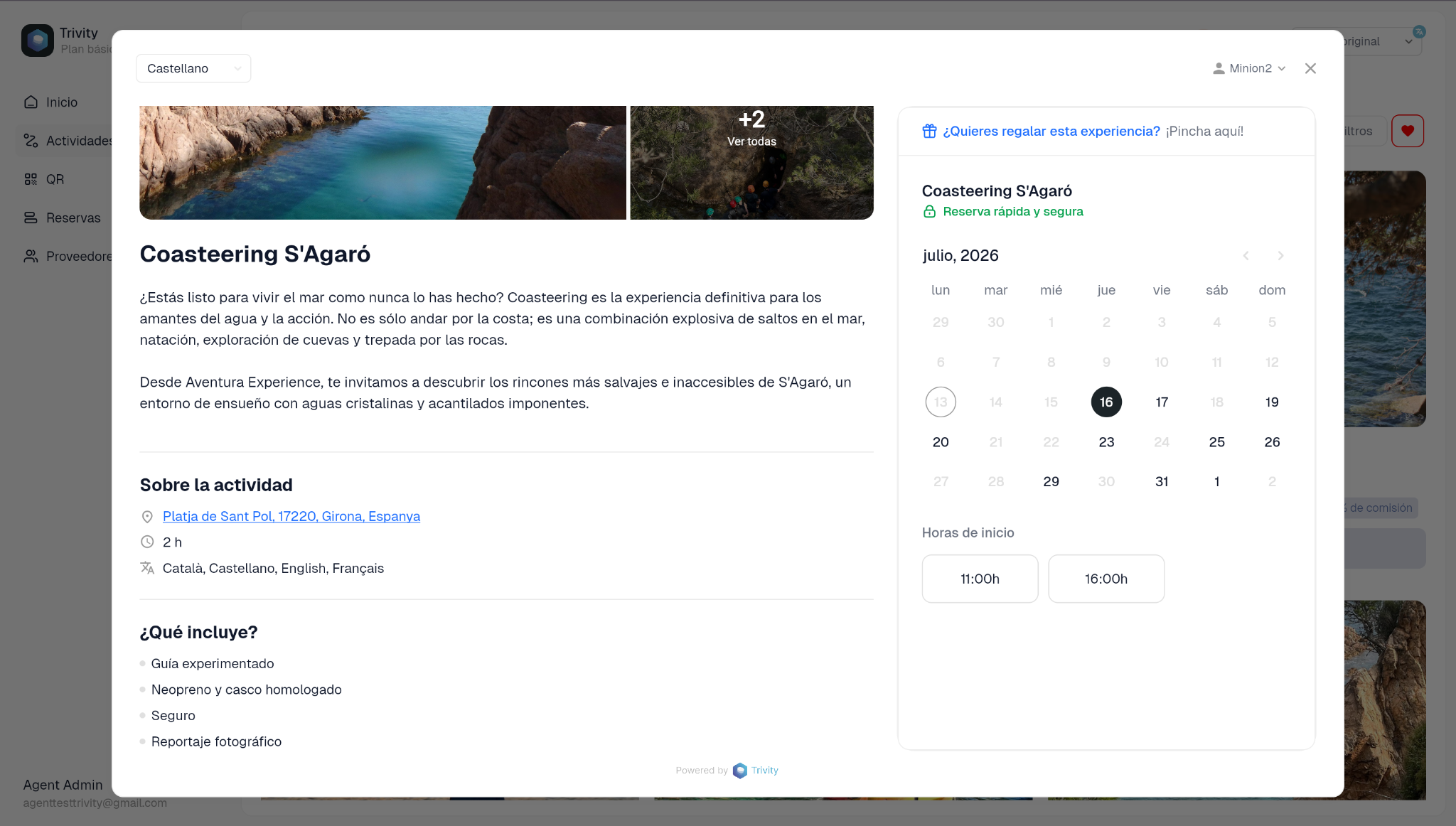 Ficha de una actividad y calendario de disponibilidad de Trivity Agentes